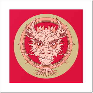 chinese dragon face red and green Posters and Art